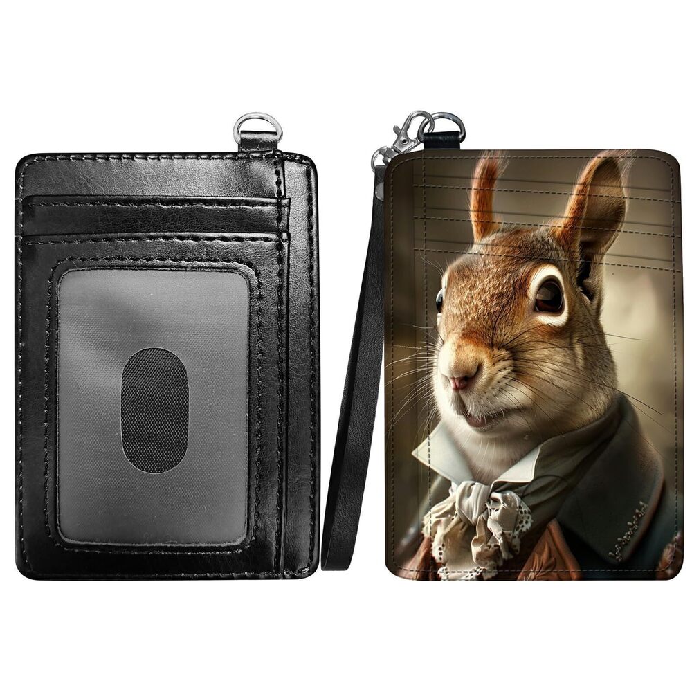 7195 Squirrel Slim Minimalist Wallet with Lanyard Strap, PU Leather Front
